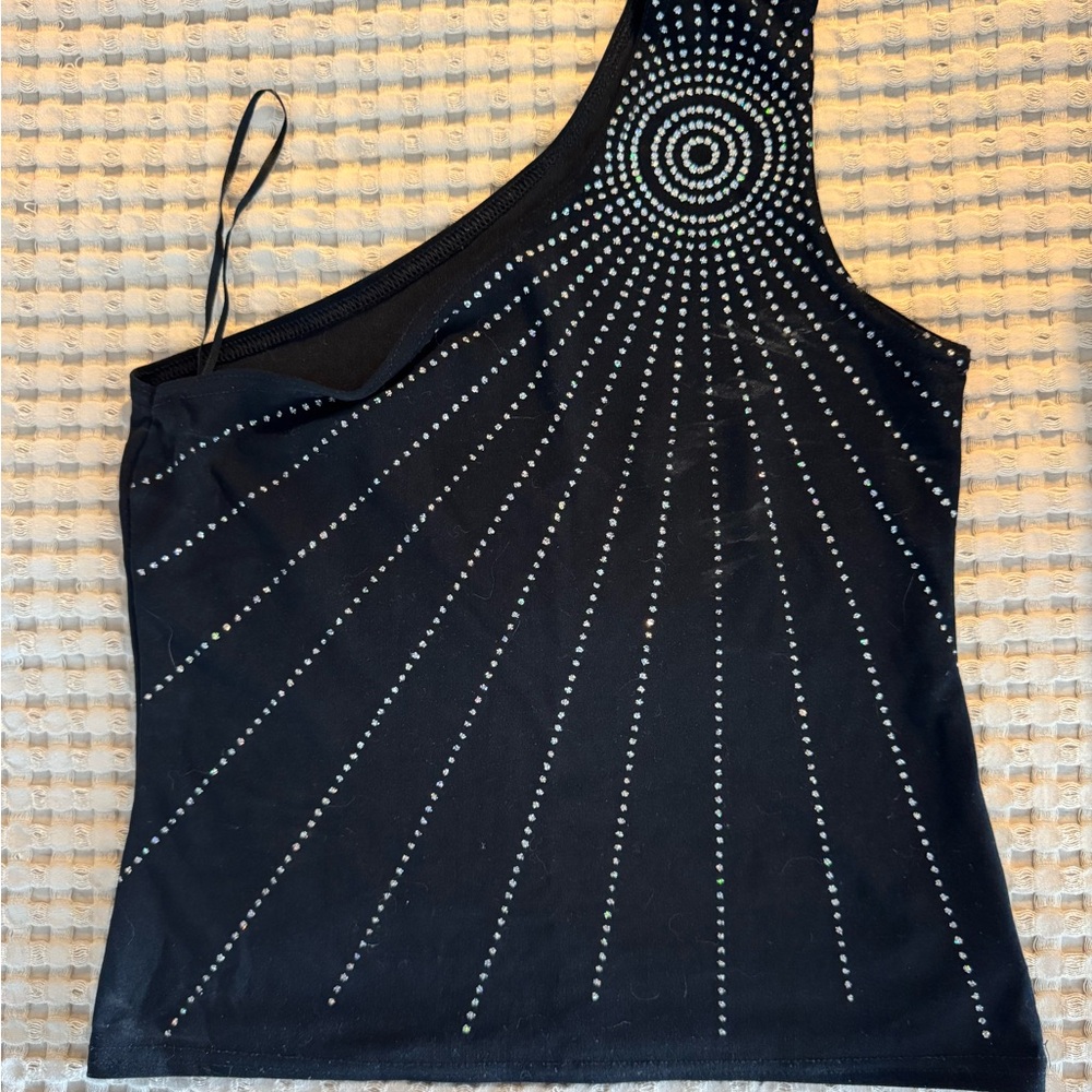 Black One-Shoulder Top with Silver Studded Design